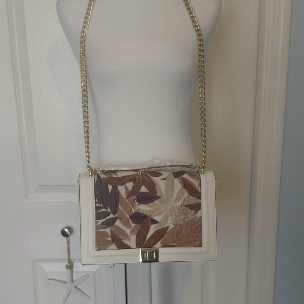 INC White Leather Crossbody Bag with Neutral Leaf Print
